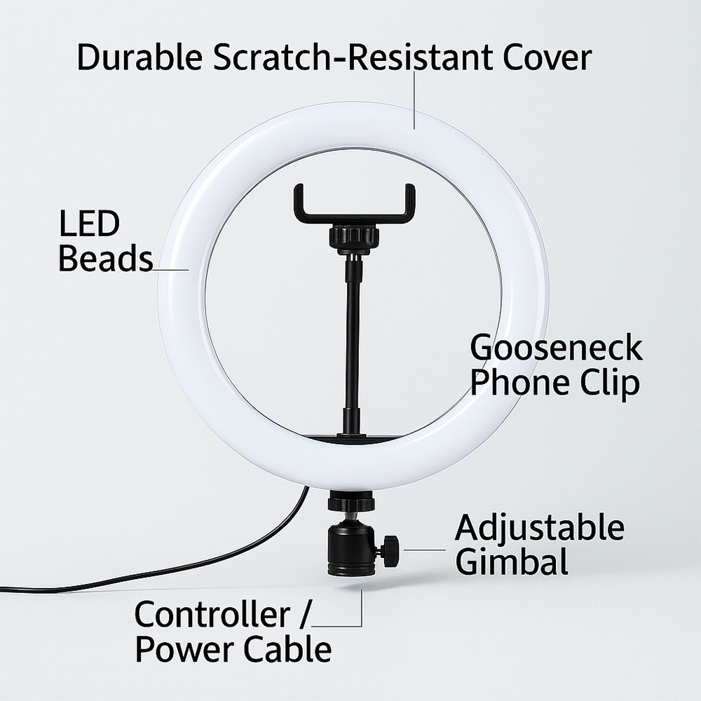 Studio quality ring light with adjustable stand for content creators. Features variable color temperature.