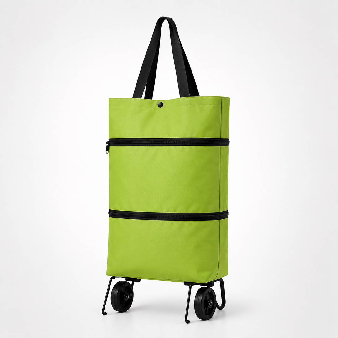 Foldable wheeled shopping cart, blue, compact & portable hand trolley for groceries & errands.