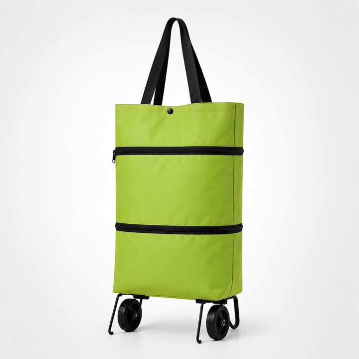 Foldable wheeled shopping cart, blue, compact & portable hand trolley for groceries & errands.