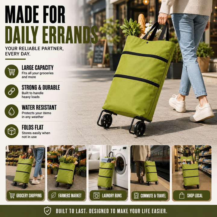 Ergonomic foldable wheeled shopping cart, black, makes grocery trips easier and convenient.