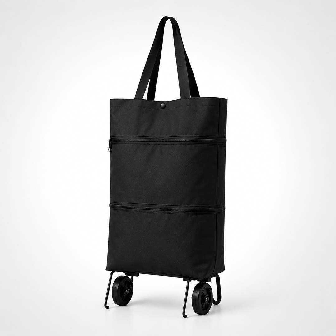 Portable wheeled grocery bag, black, folds flat for storage, perfect errand helper.