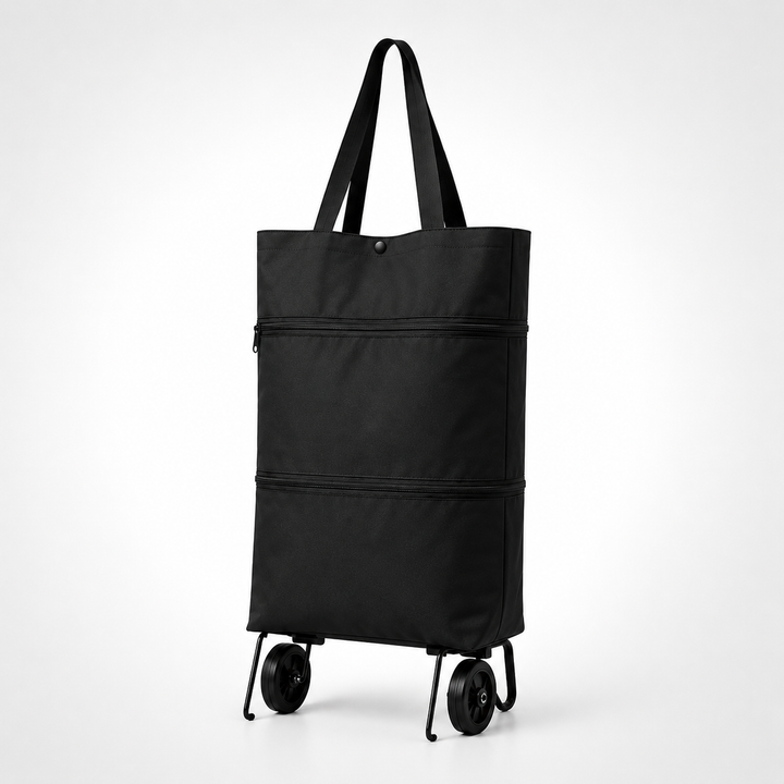 Portable wheeled grocery bag, black, folds flat for storage, perfect errand helper.