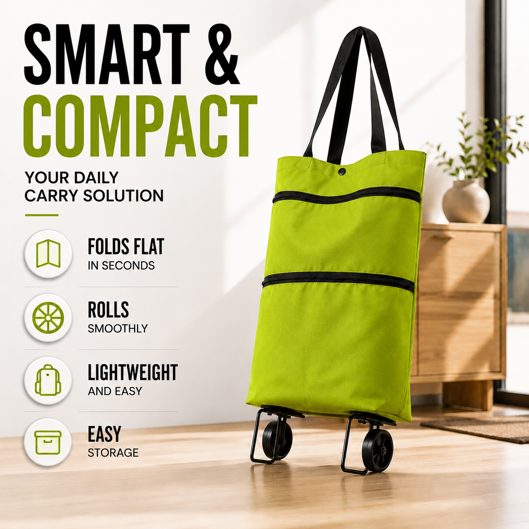Compact foldable hand trolley for shopping, lightweight & easy to maneuver on errands.