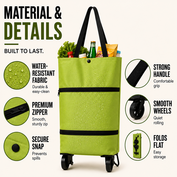 Versatile wheeled utility cart, black, folds for easy storage, great for groceries.
