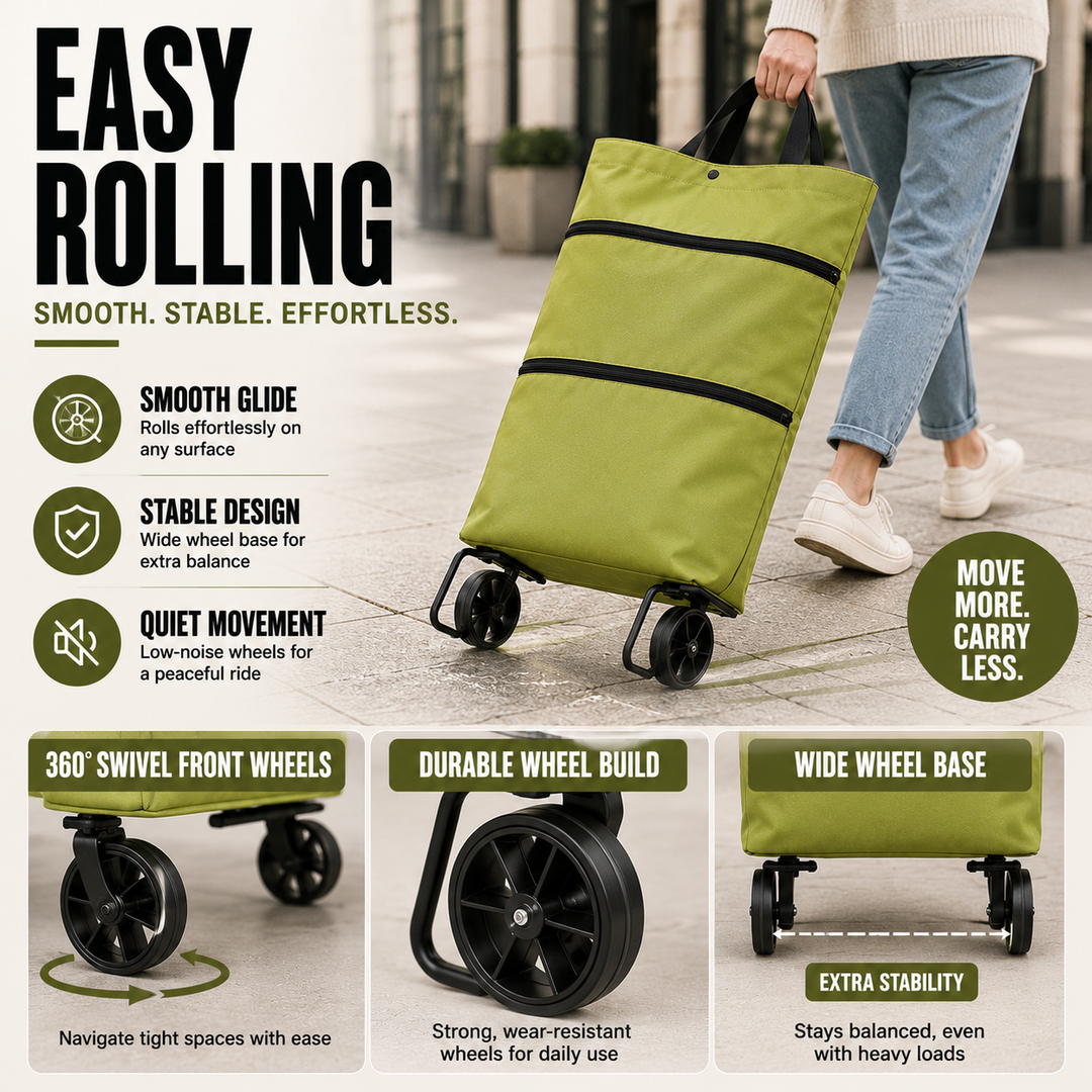 Modern foldable shopping cart with wheels, blue, designed for comfortable grocery transport.