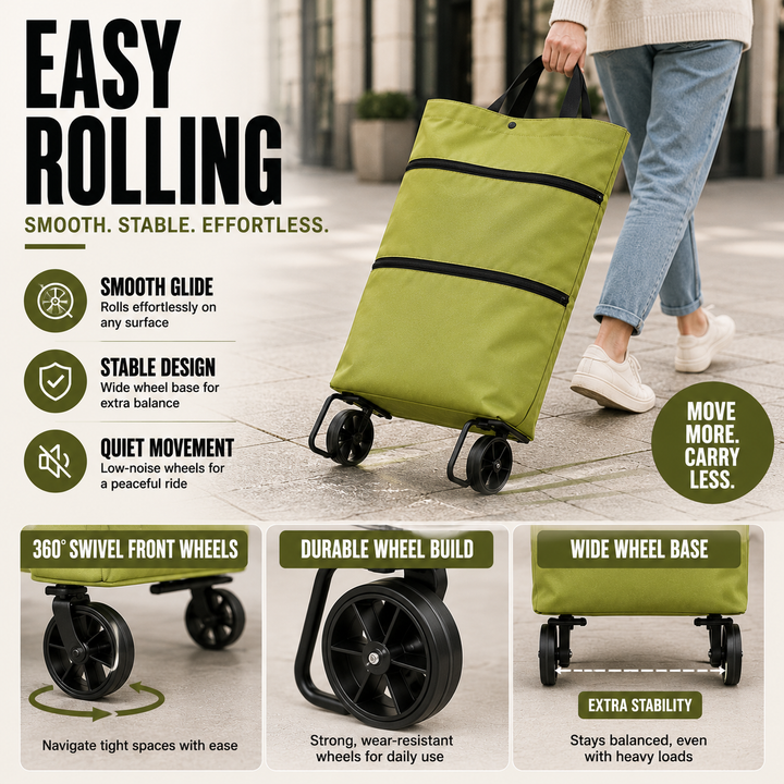 Modern foldable shopping cart with wheels, blue, designed for comfortable grocery transport.