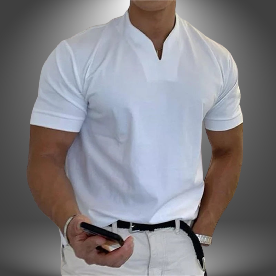 Men's slim fit split V-neck t-shirt in black for modern casual wear. Short sleeve, comfortable everyday style.