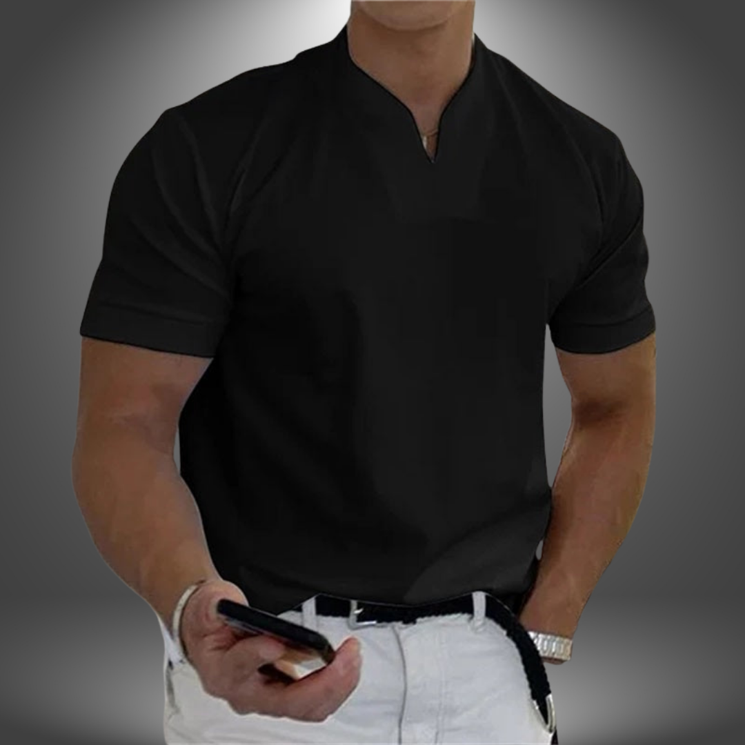 Model wearing a versatile men's slim fit V-neck t-shirt, perfect for smart casual & everyday fashion.