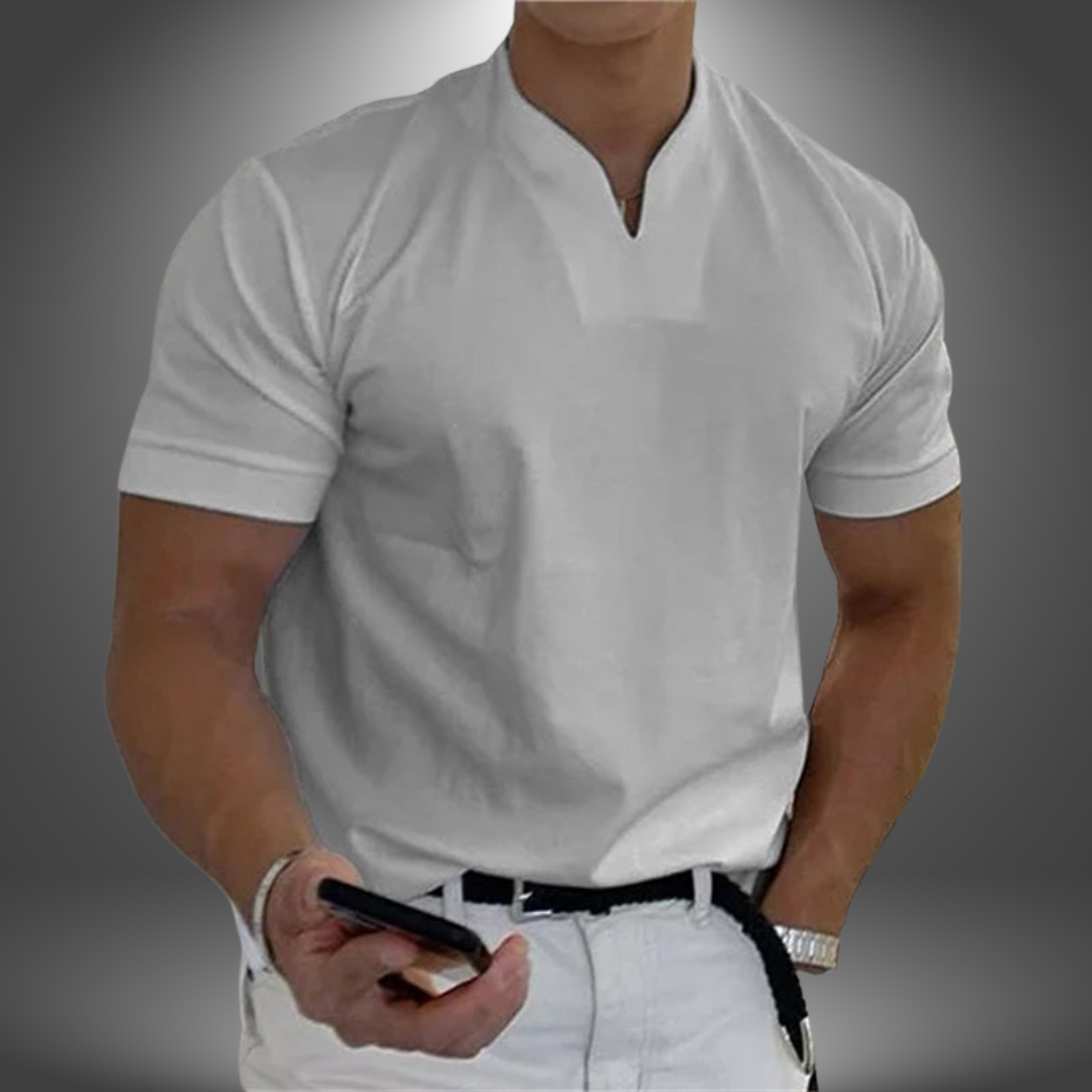 Close-up of a men's classic white slim fit V-neck t-shirt, soft fabric, ideal for comfortable daily wear.