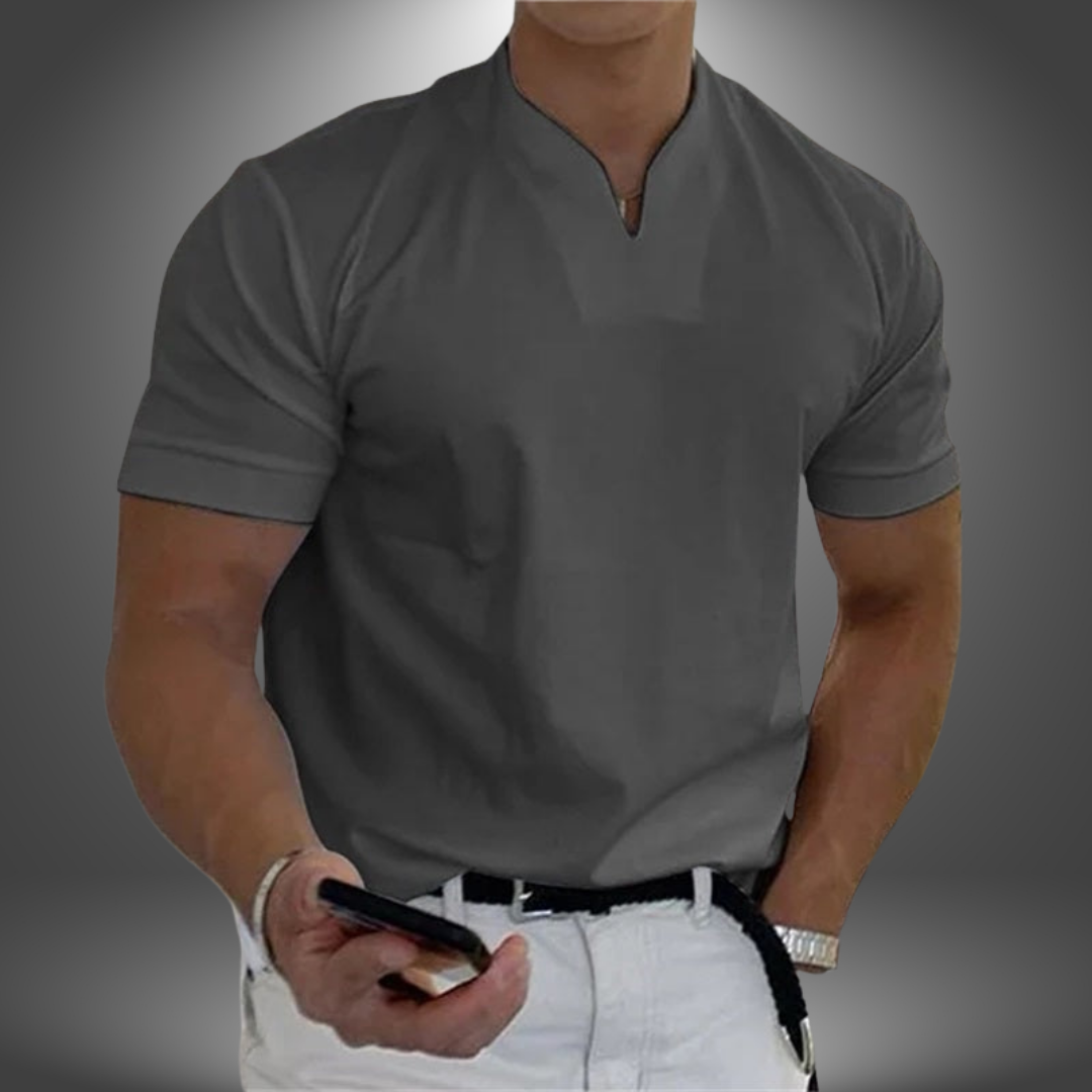 Stylish men's short sleeve V-neck tee with a graceful slim fit, designed for modern apparel and versatile styling.