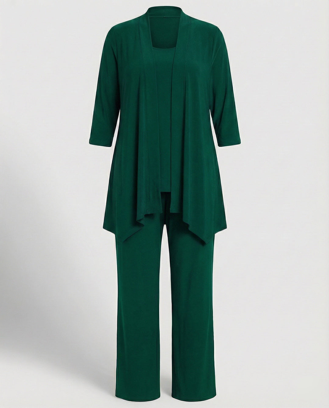 Chic women's apparel: 3-piece pant suit set with flattering wide leg pants, jacket, and sleek sleeveless top.