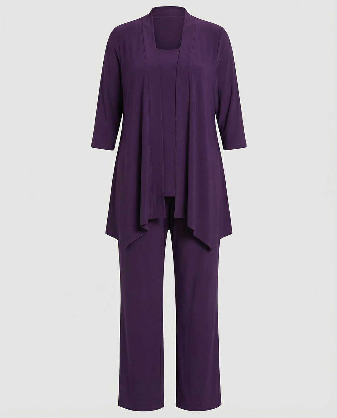 Essential women's workwear: 3-piece pant suit with comfortable wide leg pants, smart jacket, and basic top.