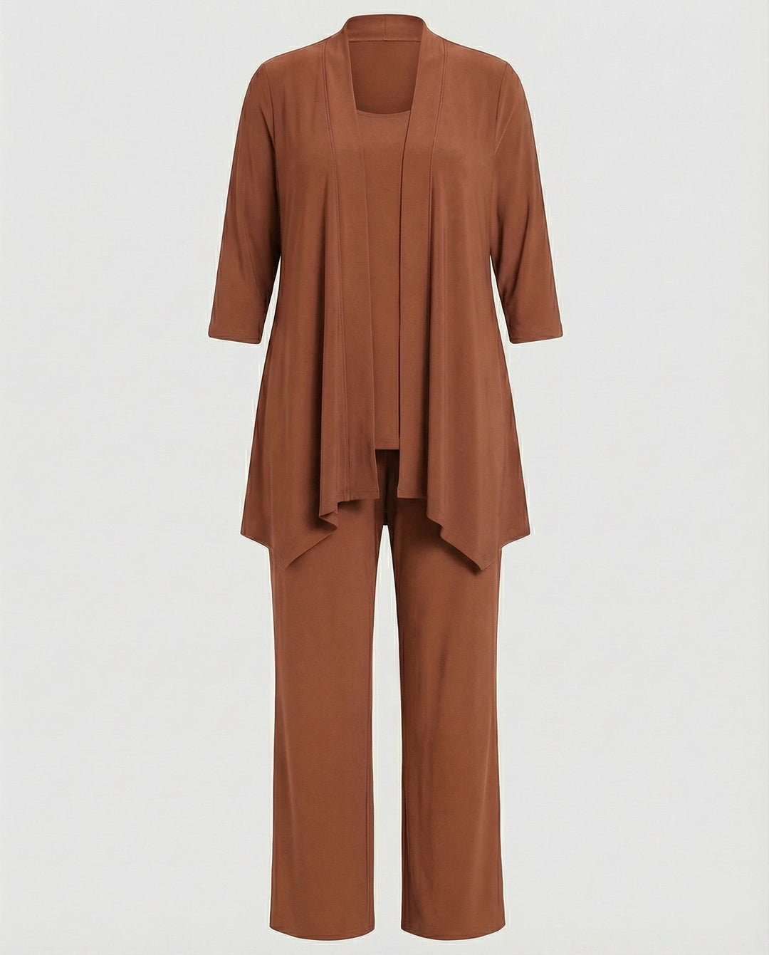 Elegant women's pant suit with flowy wide leg pants, coordinated jacket, and top, ideal for evening wear.