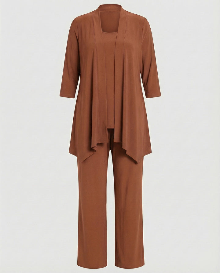 Elegant women's pant suit with flowy wide leg pants, coordinated jacket, and top, ideal for evening wear.