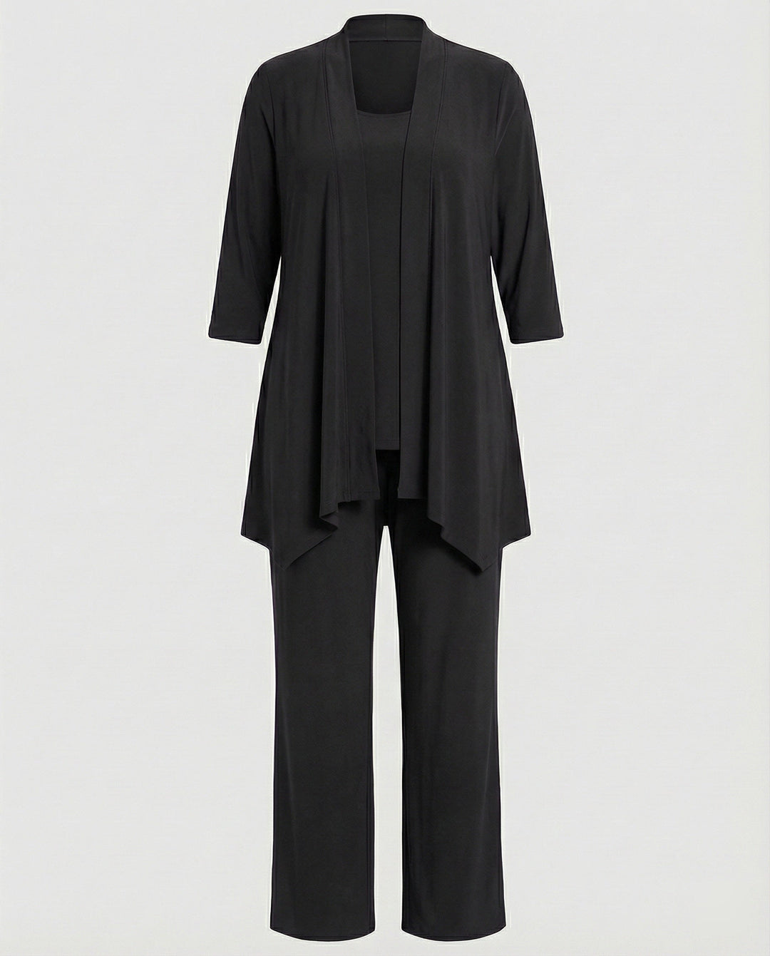 Comfortable women's business casual 3-piece suit with wide leg pants, perfect for professional settings.
