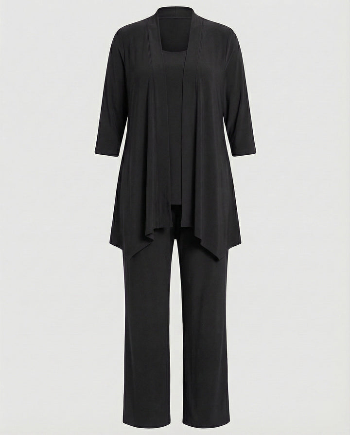 Comfortable women's business casual 3-piece suit with wide leg pants, perfect for professional settings.