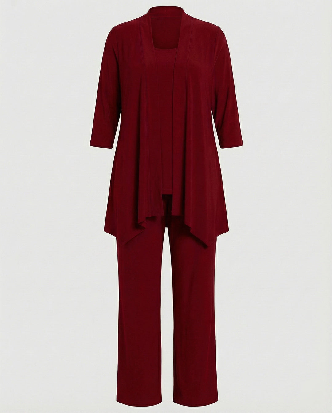 Fashionable women's coordinated 3-piece suit set including wide leg pants, jacket, and a chic sleeveless top.