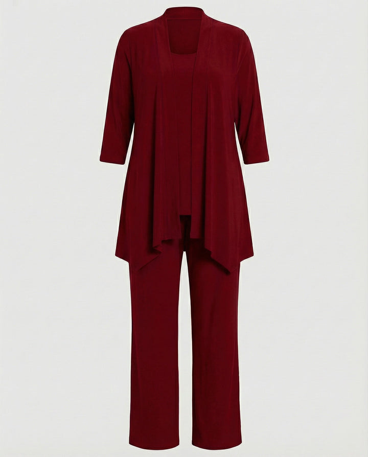 Fashionable women's coordinated 3-piece suit set including wide leg pants, jacket, and a chic sleeveless top.