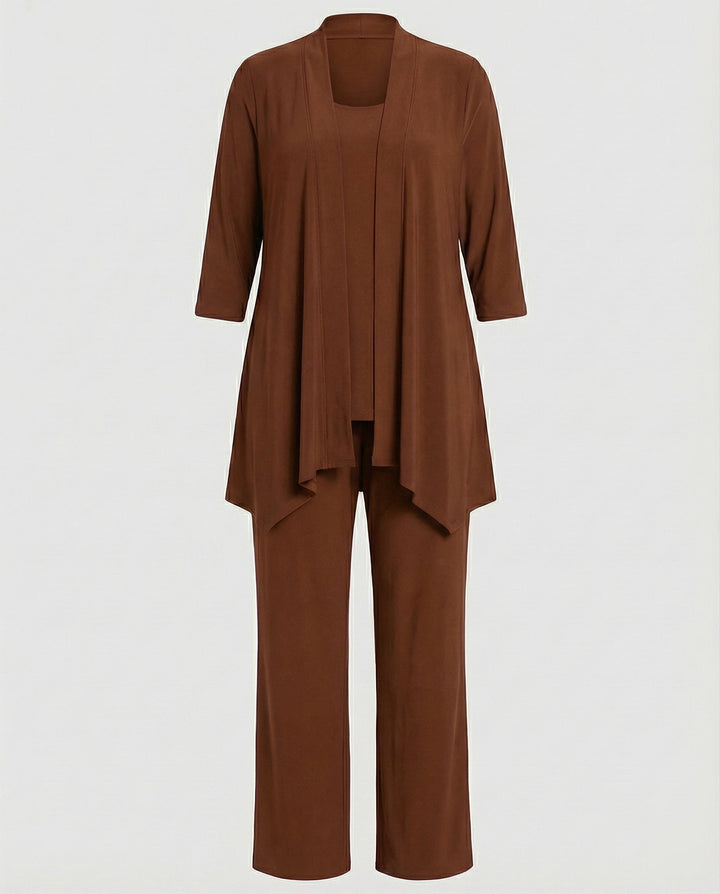 Modern women's professional pant suit: 3-piece set with stylish wide leg pants, jacket, and sleeveless top.