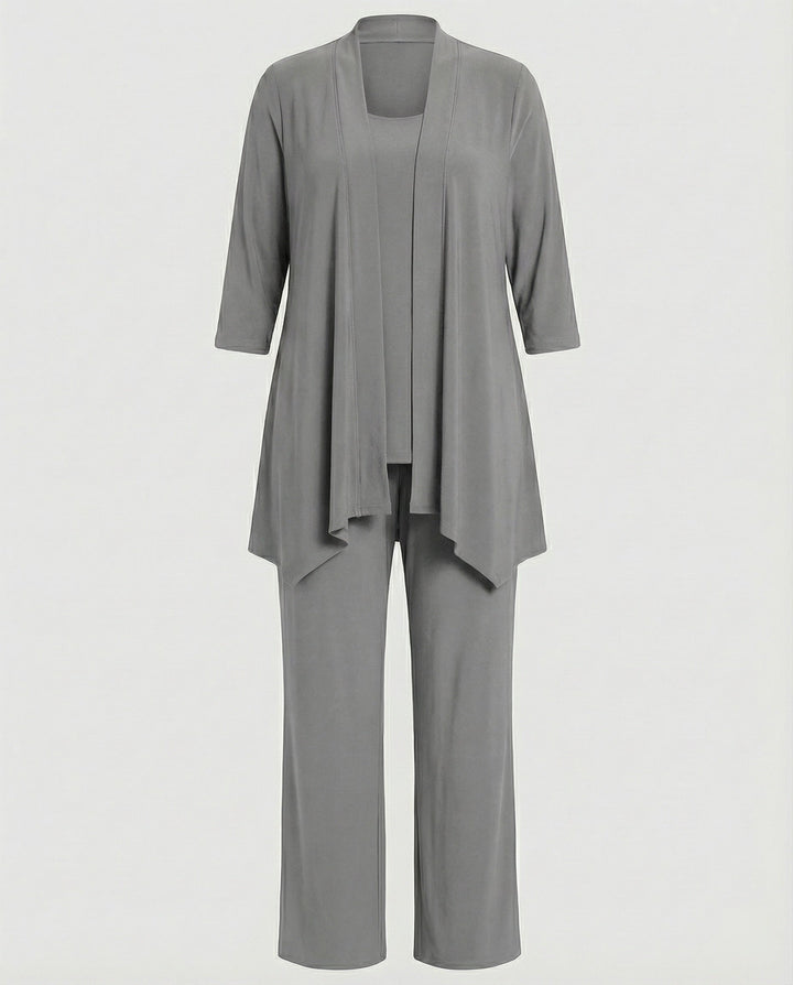 Complete women's elegant outfit: 3-piece pant suit with wide leg trousers, matching jacket, and sleeveless blouse.