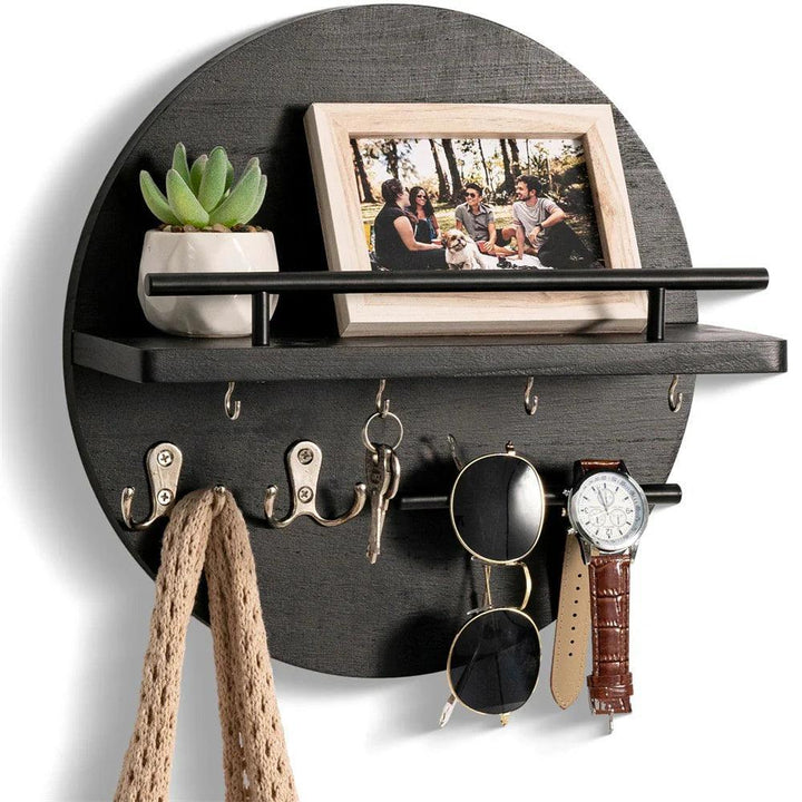 Round wooden wall key holder with small shelf, modern entryway organizer for keys and small decor.