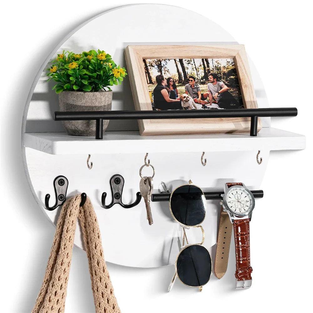 Space-saving round wooden key holder & shelf, a contemporary wall organizer for entryway and small items.