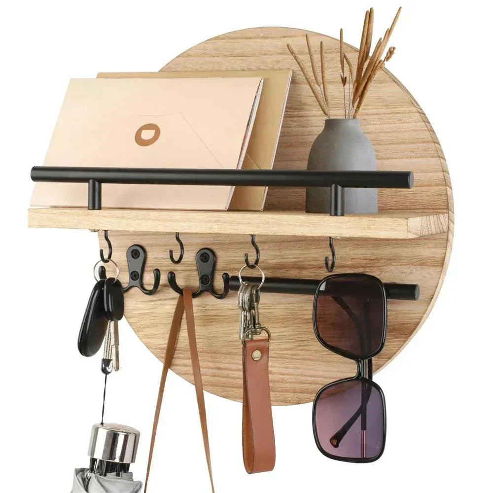 Functional round wooden wall key rack with storage shelf, perfect home decor for a tidy entryway.