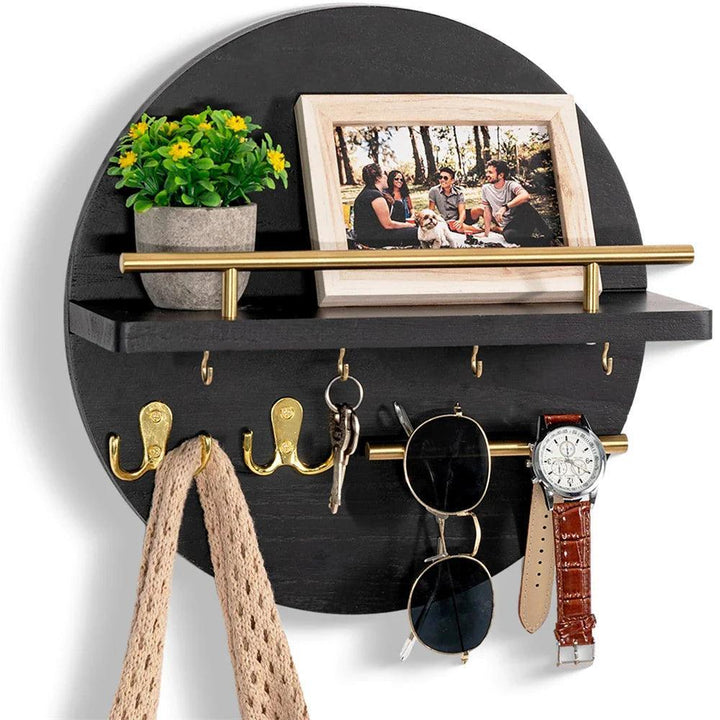 Chic round wooden key holder featuring a practical shelf, essential wall organizer for modern entryways.