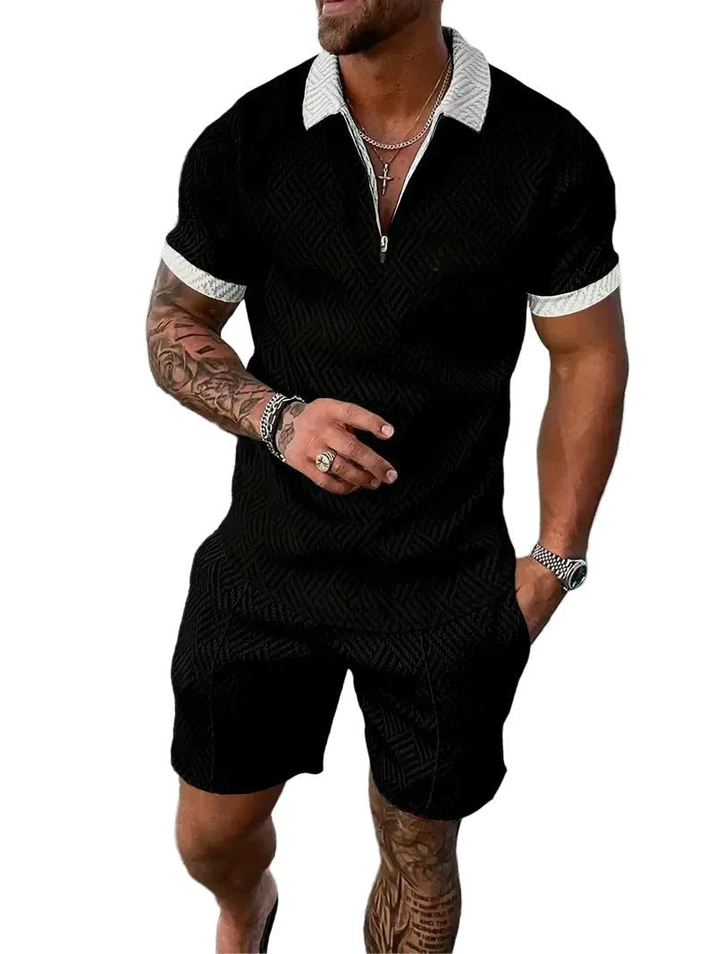 Men's modern navy polo shirt & matching shorts set. Ideal for casual summer wear & leisure.