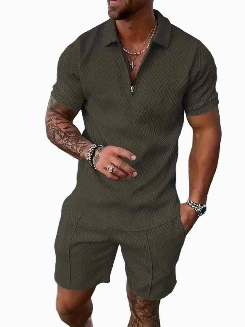 Comfortable men's two-piece polo shirt and shorts set. Stylish, perfect for warm weather and everyday leisure.