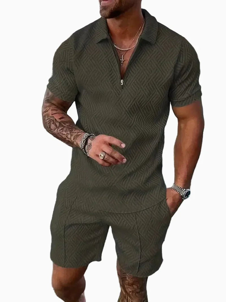 Comfortable men's two-piece polo shirt and shorts set. Stylish, perfect for warm weather and everyday leisure.