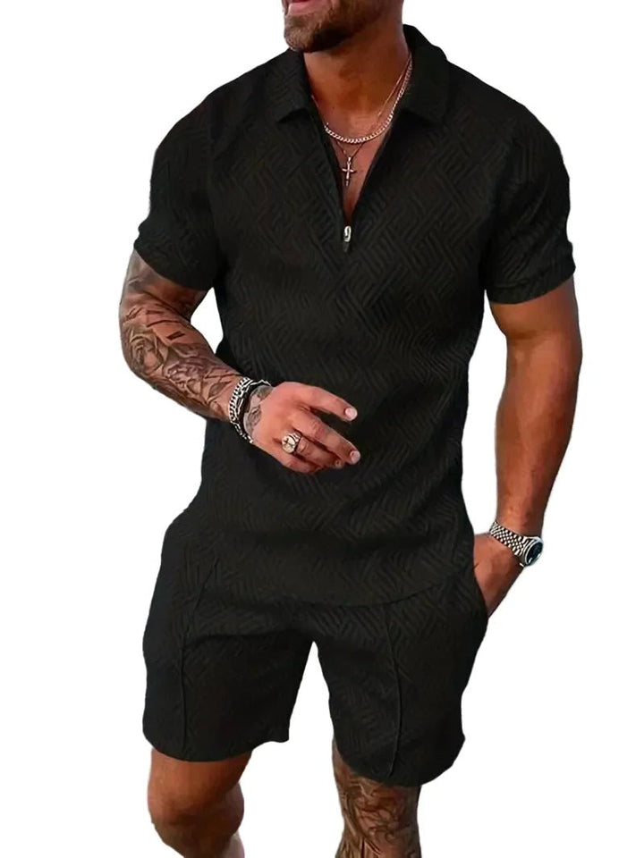 Modern men's matching polo shirt & shorts set. A stylish two-piece casual outfit for summer fashion.
