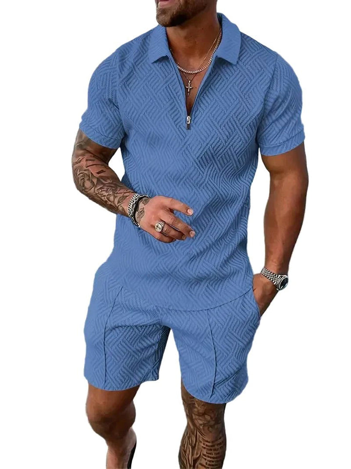 Men's casual summer polo shirt & shorts set. Comfortable two-piece outfit for warm weather and leisurewear.