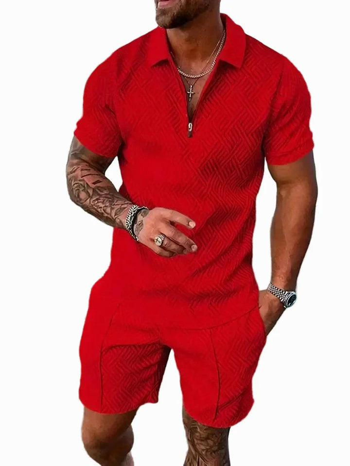 Sporty elegant men's polo shirt and shorts set. Modern two-piece outfit for a stylish casual look.