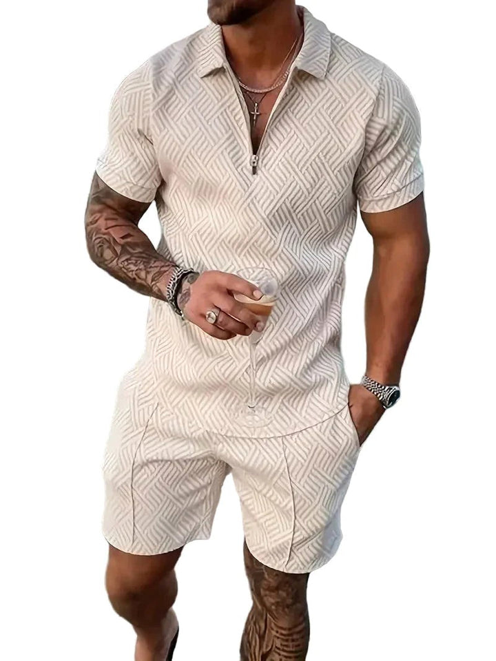 Stylish men's matching polo shirt and shorts set. Perfect two-piece casual outfit for summer fashion.