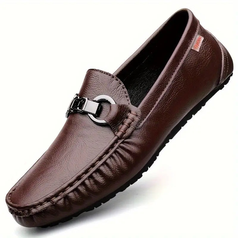 Men's orthopedic slip-on loafers with stylish buckle detail, offering arch support & comfort for casual or dress wear.