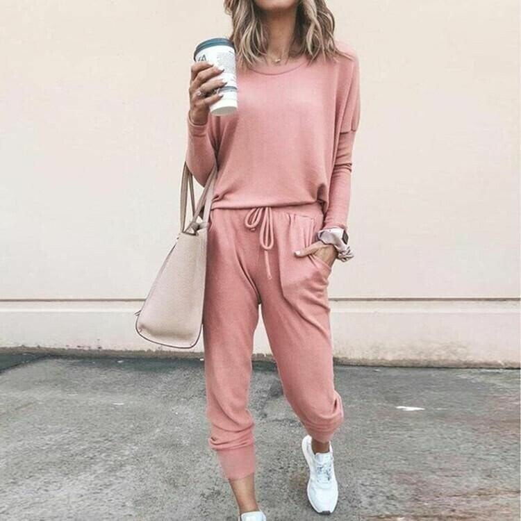 Women's cozy long sleeve lounge set in a relaxed fit, perfect for comfortable casual wear at home.
