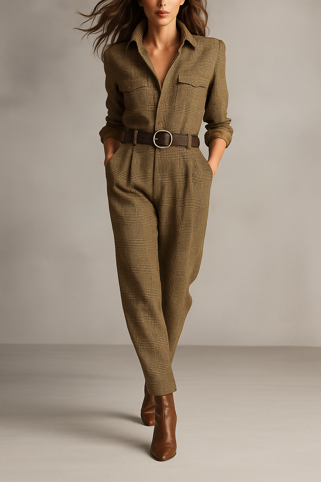 Elegant women's brown plaid long sleeve jumpsuit. Perfect for office wear, fall fashion, and casual chic looks.