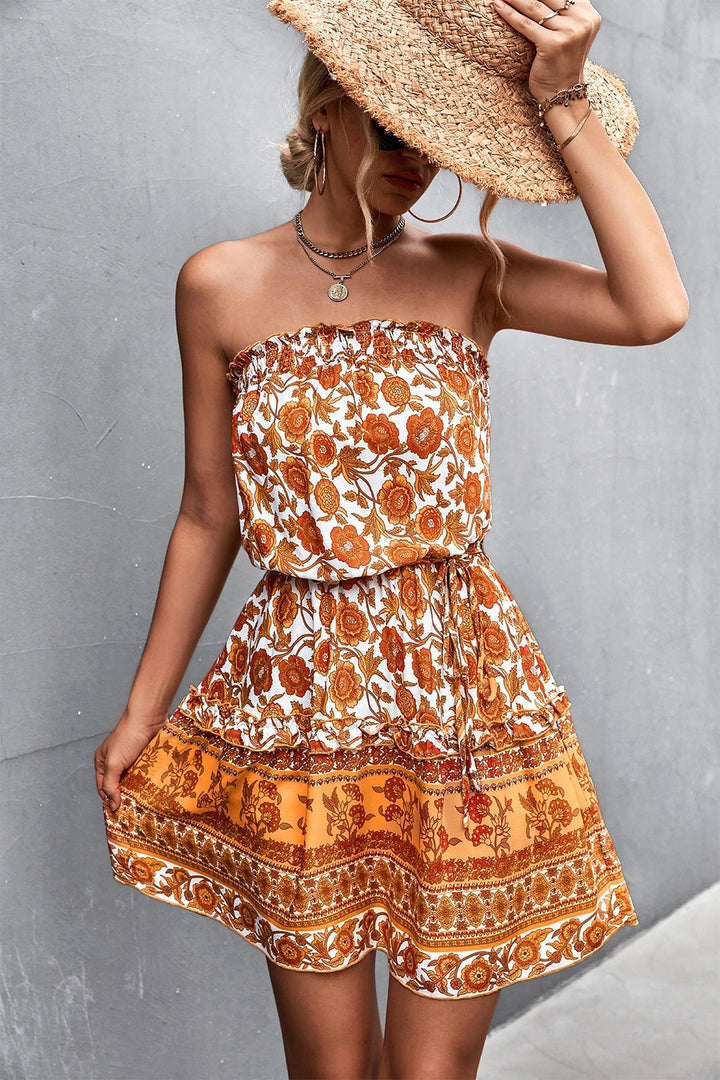 Women's floral A-line off-shoulder summer dress with high waist, perfect for casual spring and beach wear.