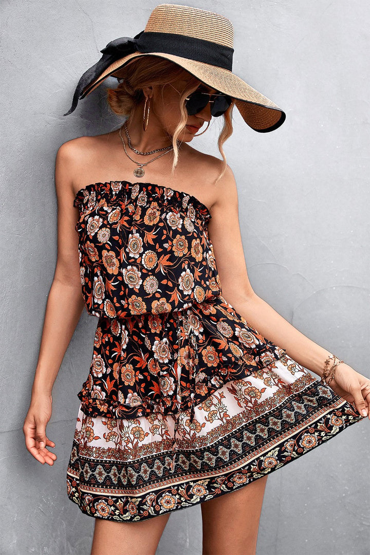 Elegant off-shoulder floral A-line dress for women. Ideal summer, vacation, or beach outfit with a feminine style.