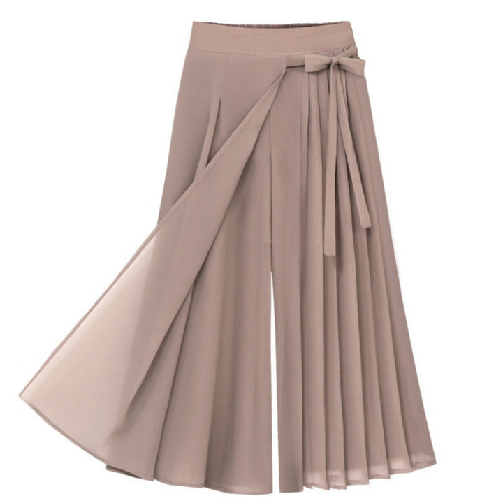 Fashionable women's pleated wrap-tie midi skirt with an adjustable waist, an A-line design, great for elegant spring outfits.