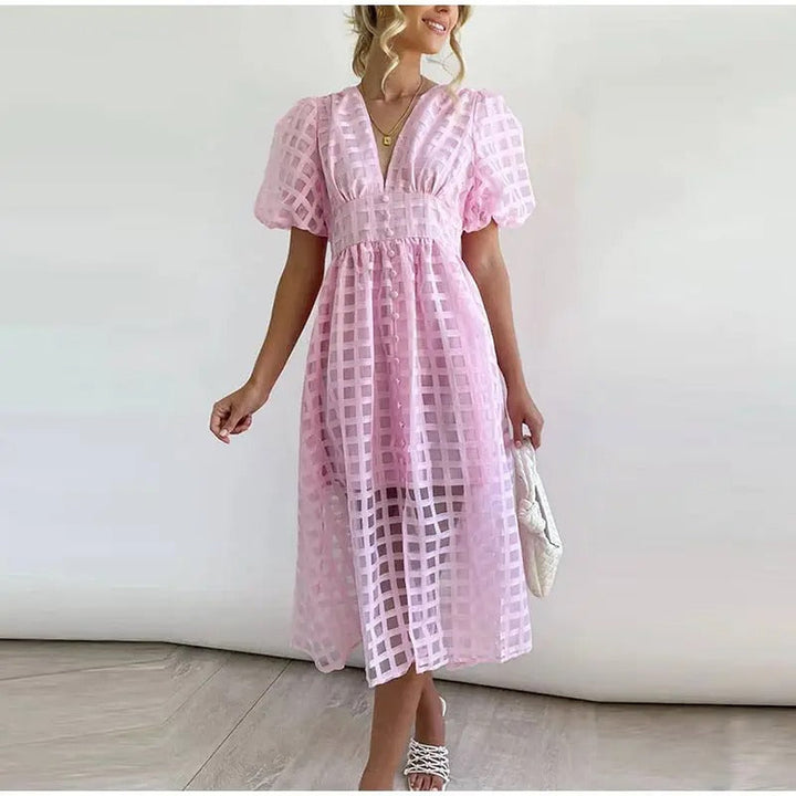 Delicate square pattern midi summer dress for women, featuring elegant puff sleeves, versatile & chic.