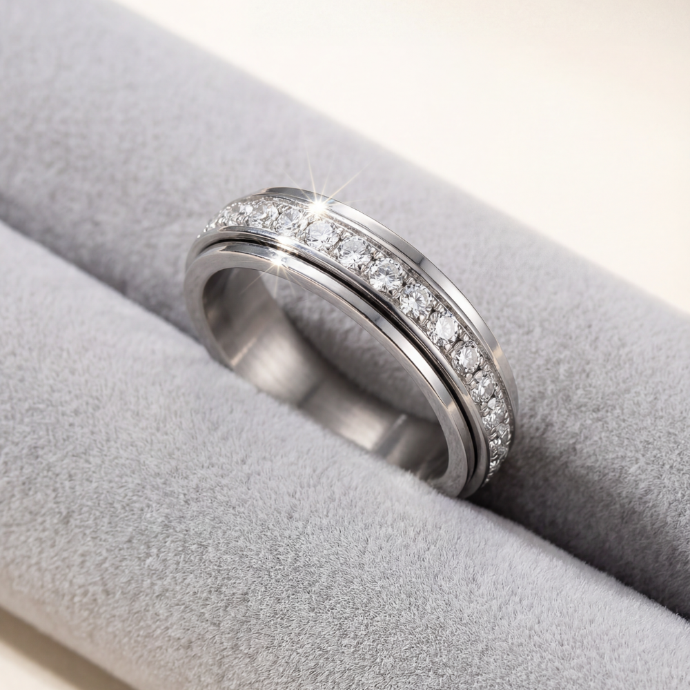 Beautiful women's rose gold zirconia spinner ring, an elegant gift for stress relief and anxiety.