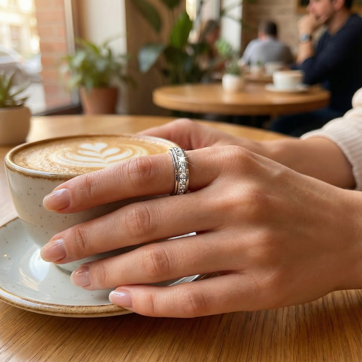 Close-up of a sparkling zirconia spinner ring designed for women's anxiety and stress relief.