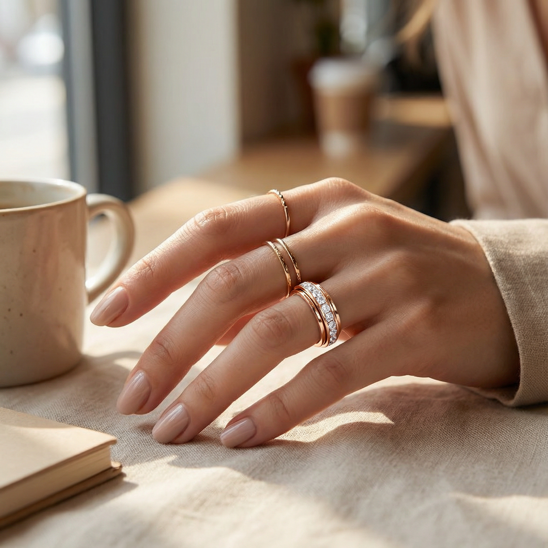 Elegant women's fidget jewelry: a sparkling zirconia spinner ring for effective anxiety relief.