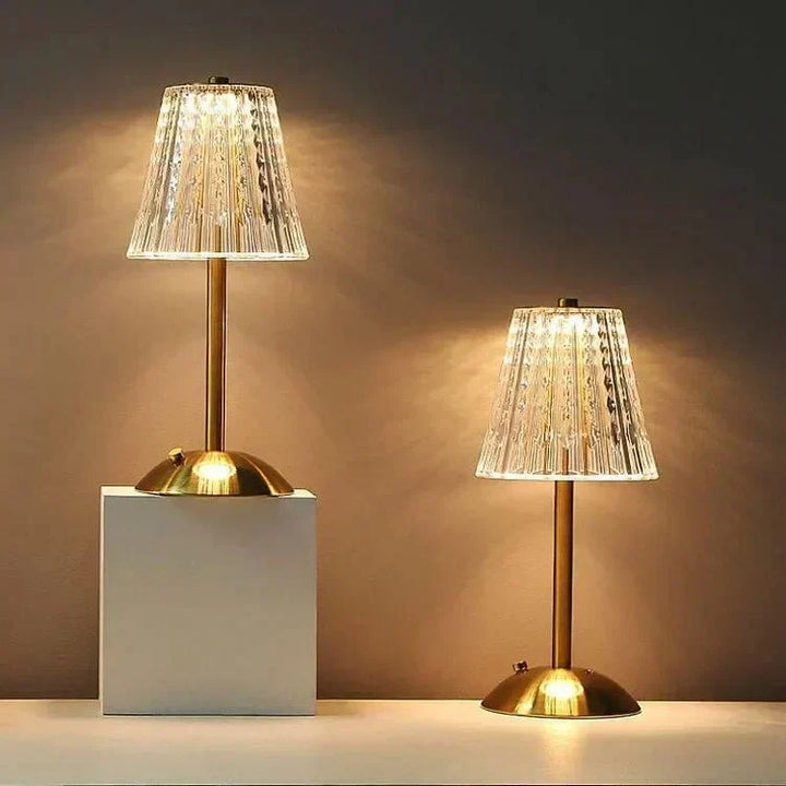 Luxury crystal LED table lamp, touch control, gold finished base for elegant interiors.