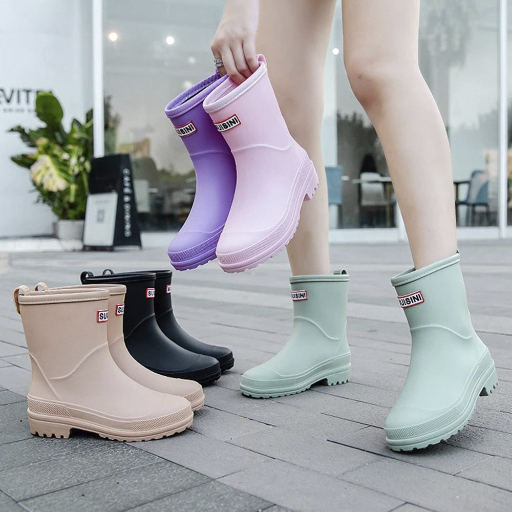 Comfortable women's slip-resistant waterproof rain boots, ensuring dry feet in any outdoor activity.