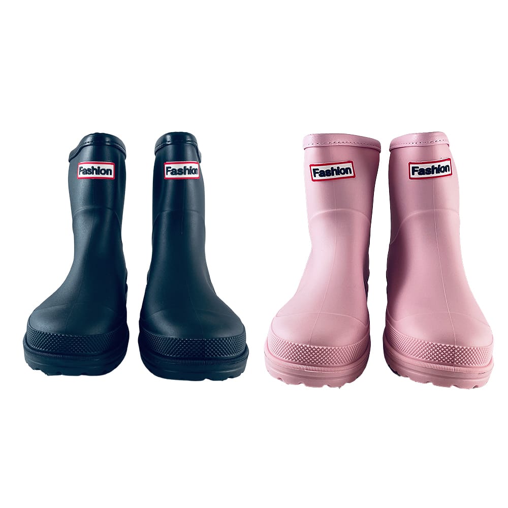 Women's black & pink waterproof rain boots, comfortable & slip-resistant for wet weather fashion.