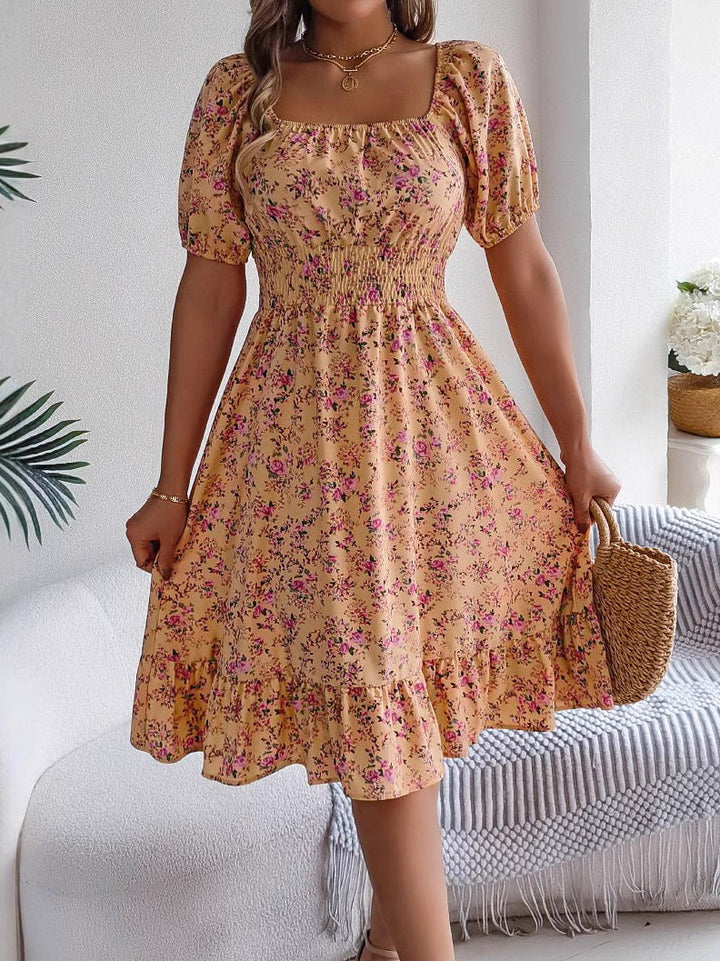 Stylish women's floral midi dress, square neck, high waist design for elegant casual wear.