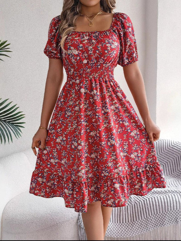 Women's short sleeve floral midi dress, featuring an elegant square neck and flattering high waist.